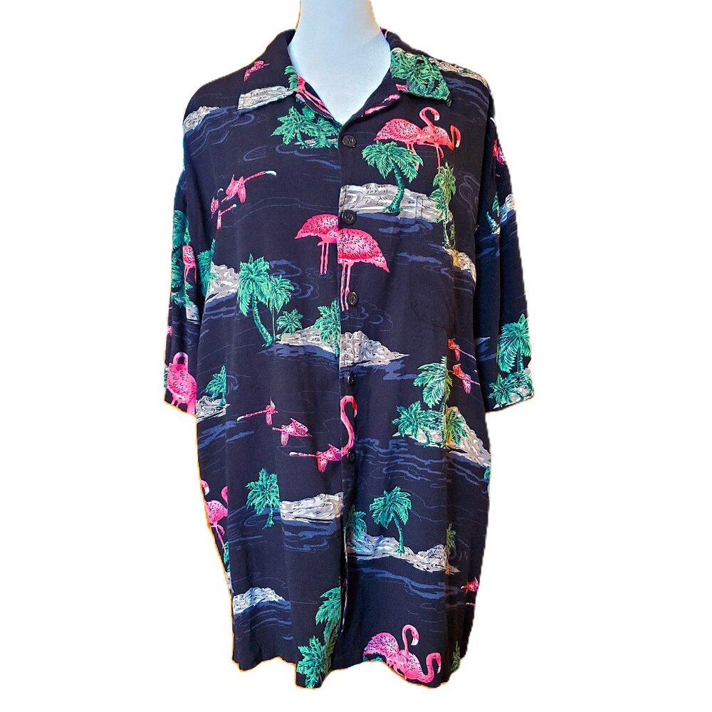 Grace Men's Black Hawaiian Button Down Shirt Sz XL Flamingos Tropical Palm Trees